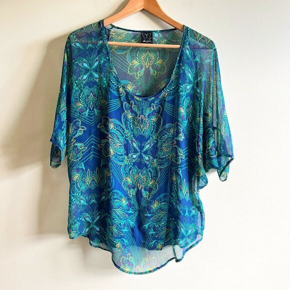 Ella Moss Boho Silk Chiffon Blouse‎ Dolman Sleeve Top Lined Printed Size XS - Picture 1 of 7